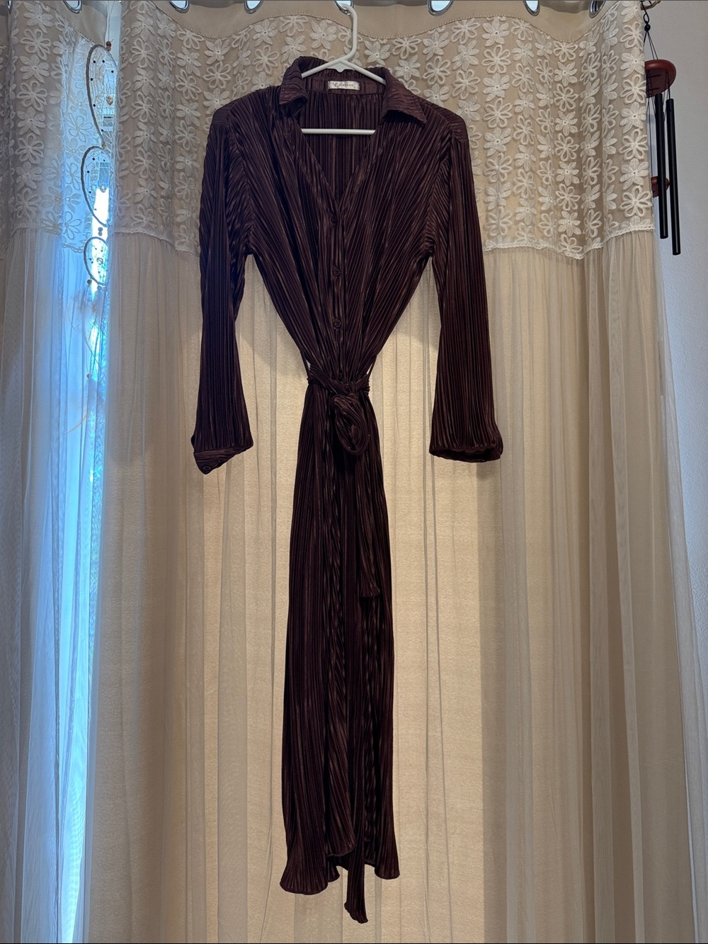 Pleated Long-Sleeve Maxi Dress in Deep Plum